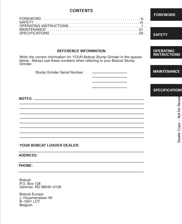 BOBCAT SG-50 STUMP GRINDER (6722988) OPERATION & MAINTENANCE MANUAL PDF DOWNLOAD