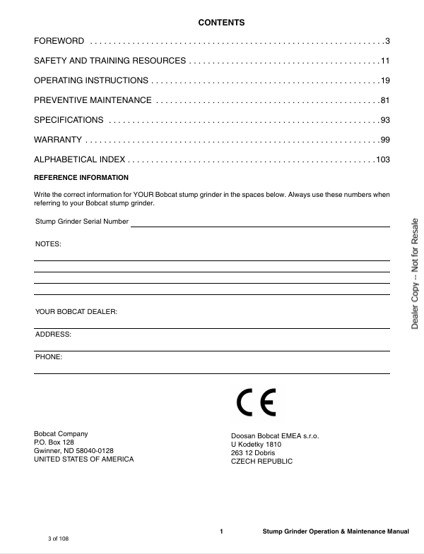 BOBCAT SG30 STUMP GRINDER (6902662ENUS) OPERATION AND MAINTENANCE MANUAL PDF FILE