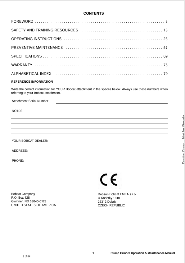 BOBCAT SG60, SGX60 STUMP GRINDER (6901089ENGB) OPERATION AND MAINTENANCE MANUAL PDF FILE