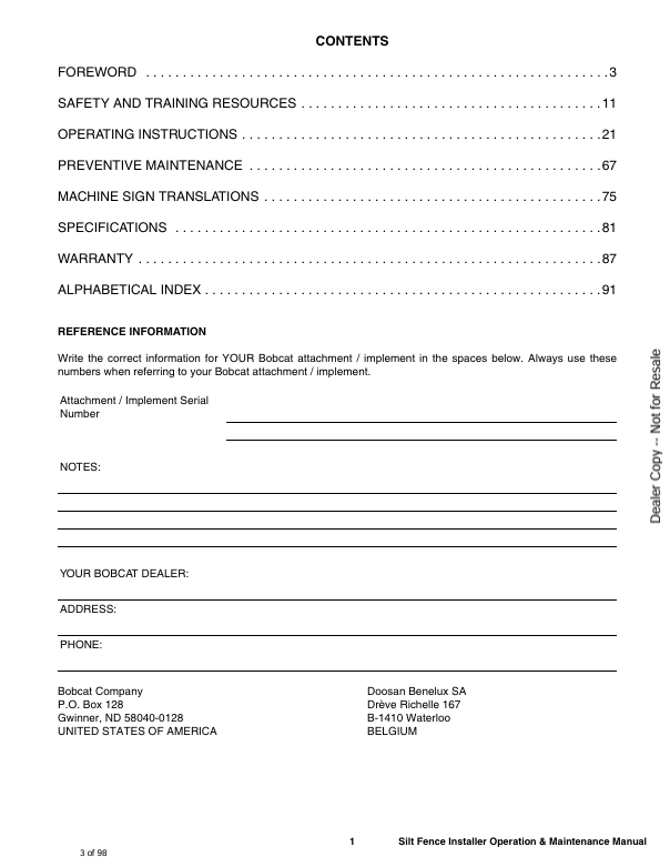 BOBCAT SILT FENCE INSTALLER (6904965ENUS) OPERATION AND MAINTENANCE MANUAL PDF FILE