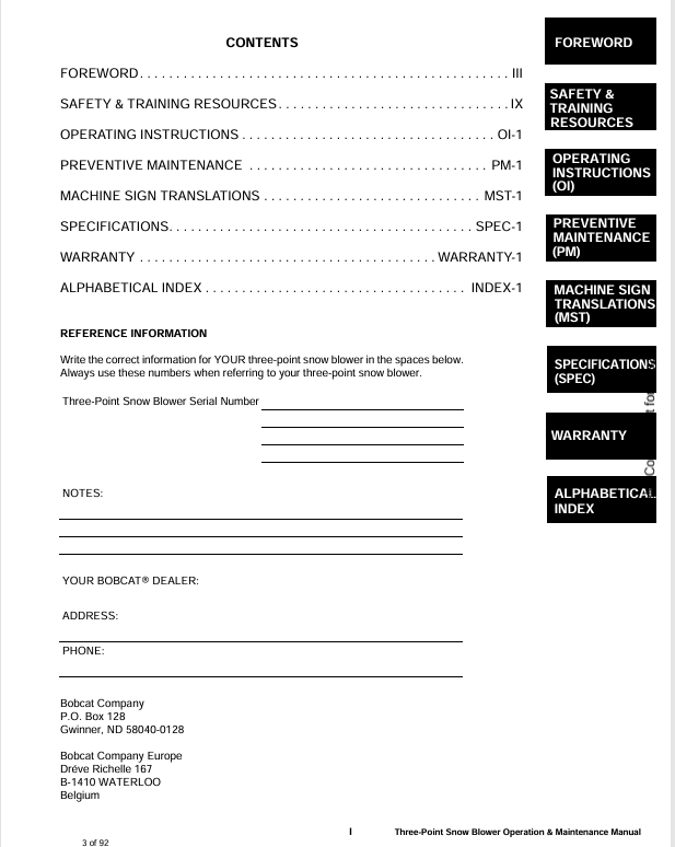 BOBCAT THREE-POINT SNOW BLOWER (6986931) OPERATION & MAINTENANCE MANUAL PDF DOWNLOAD