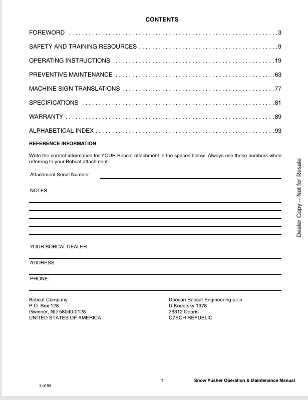 BOBCAT SNOW PUSHER PRO (7393096ENUS) OPERATION AND MAINTENANCE MANUAL PDF FILE