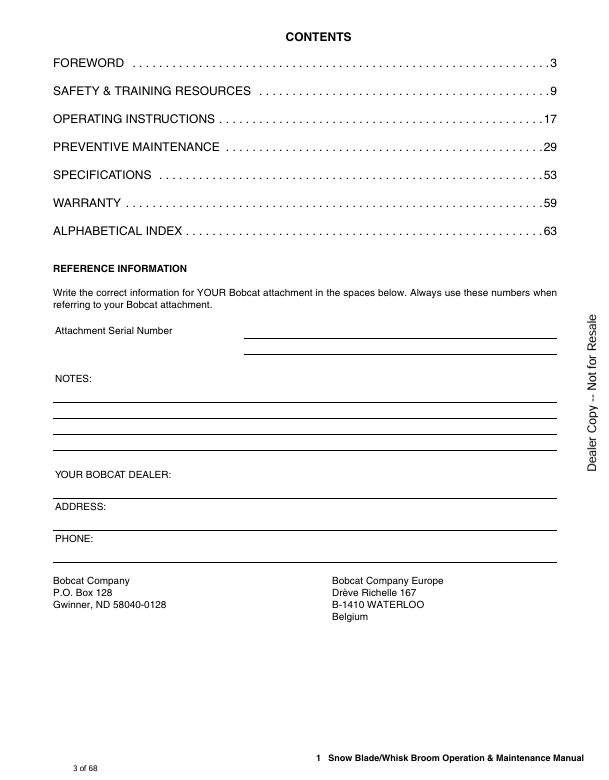 BOBCAT SNOW BLADE/WHISK BROOM (6904730) OPERATION AND MAINTENANCE MANUAL PDF FILE