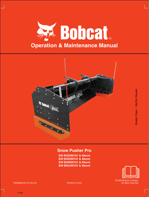 BOBCAT SNOW PUSHER PRO OPERATION & MAINTENANCE MANUAL (7393096) - PDF FILE