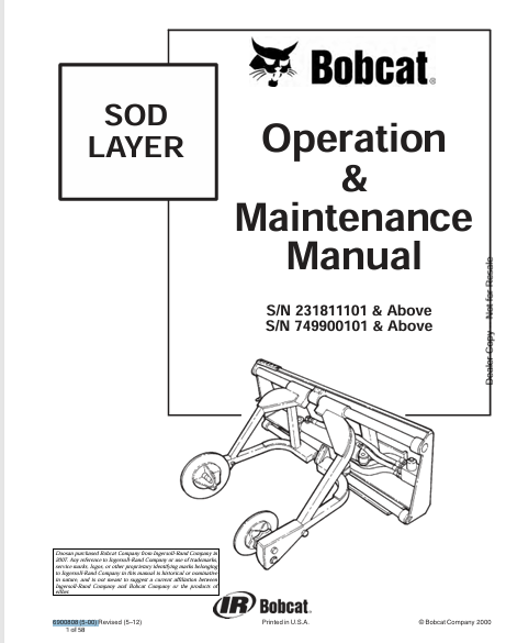 BOBCAT SOD LAYER OPERATION & MAINTENANCE MANUAL (6900808) - PDF FILE