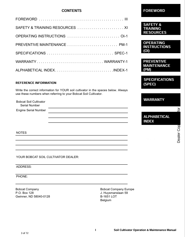 BOBCAT SOIL CULTIVATOR (6903827) OPERATION AND MAINTENANCE MANUAL PDF FILE