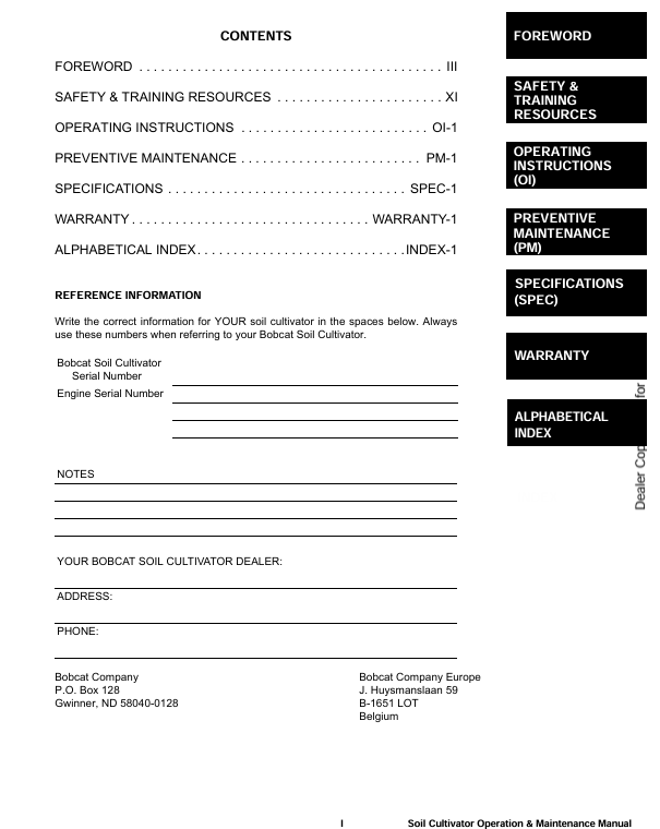 BOBCAT SOIL CULTIVATOR (6903827) OPERATION & MAINTENANCE MANUAL PDF DOWNLOAD