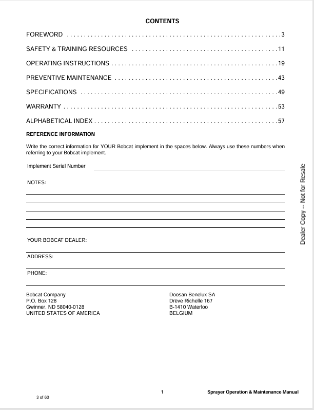 BOBCAT SPRAYER 60 (6990479) OPERATION AND MAINTENANCE MANUAL PDF FILE