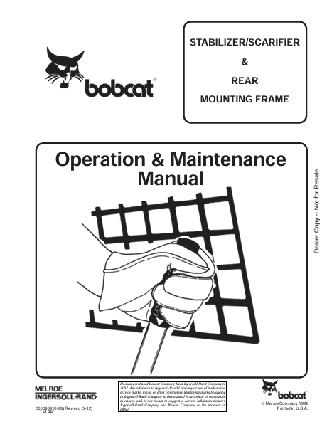 BOBCAT STABILIZER/SCARIFIER & REAR MOUNTING FRAME OPERATION & MAINTENANCE MANUAL (6566989) - PDF FILE