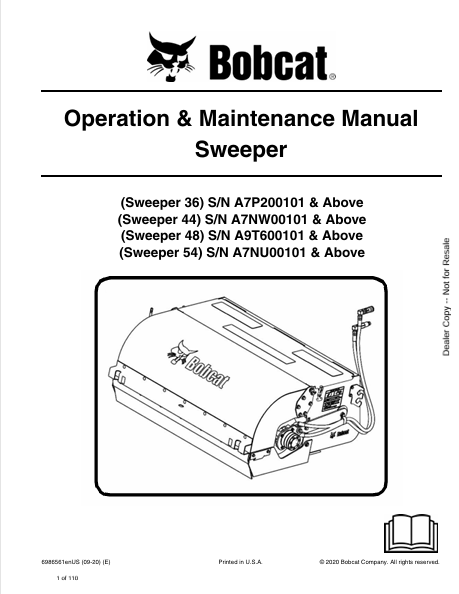 BOBCAT SWEEPER 36, SWEEPER 44, SWEEPER 48, SWEEPER 54 SWEEPER OPERATION & MAINTENANCE MANUAL (6986561) - PDF FILE
