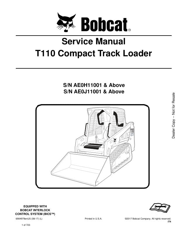 BOBCAT T110 AE0H11001, AE0J11001 & UP COMPACT TRACK LOADER SERVICE MANUAL 6904979 - PDF FILE