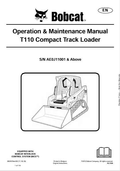 BOBCAT T110 COMPACT TRACT LOADER OPERATION & MAINTENANCE MANUAL (6904978) - PDF FILE