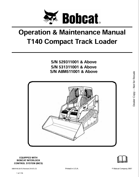 BOBCAT T140 COMPACT TRACK LOADER OPERATION & MAINTENANCE MANUAL (6904148) - PDF FILE