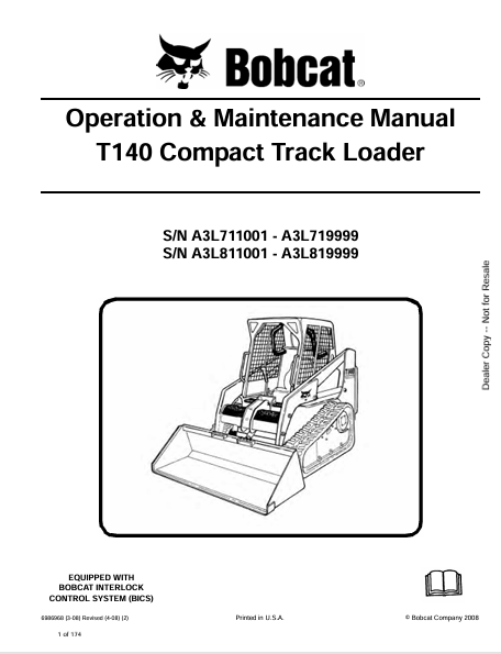 BOBCAT T140 COMPACT TRACK LOADER OPERATION & MAINTENANCE MANUAL (6986968) - PDF FILE