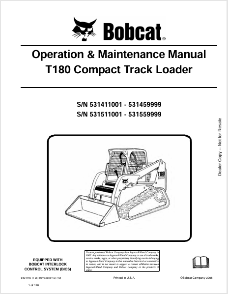 BOBCAT T180 COMPACT TRACK LOADER OPERATION & MAINTENANCE MANUAL (6904140) - PDF FILE