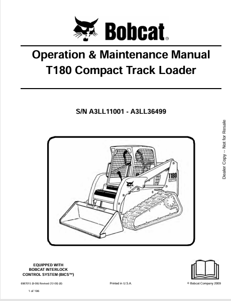 BOBCAT T180 COMPACT TRACK LOADER OPERATION & MAINTENANCE MANUAL (6987015) - PDF FILE