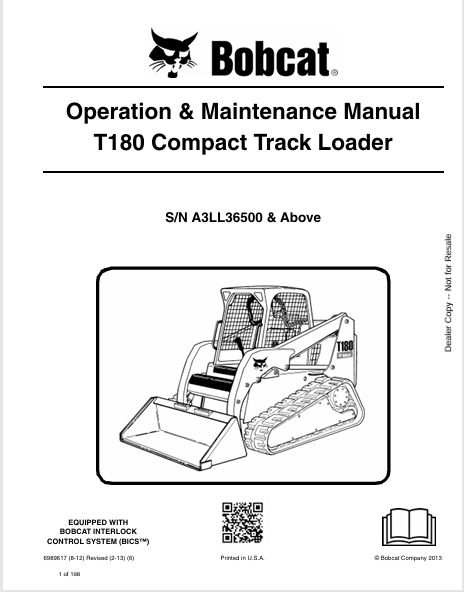 BOBCAT T180 COMPACT TRACK LOADER OPERATION & MAINTENANCE MANUAL (6989617) - PDF FILE