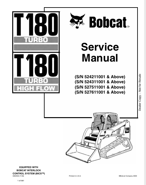 BOBCAT T180 TURBO, T180 TURBO HIGH FLOW SERVICE MANUAL (6902502) - PDF FILE