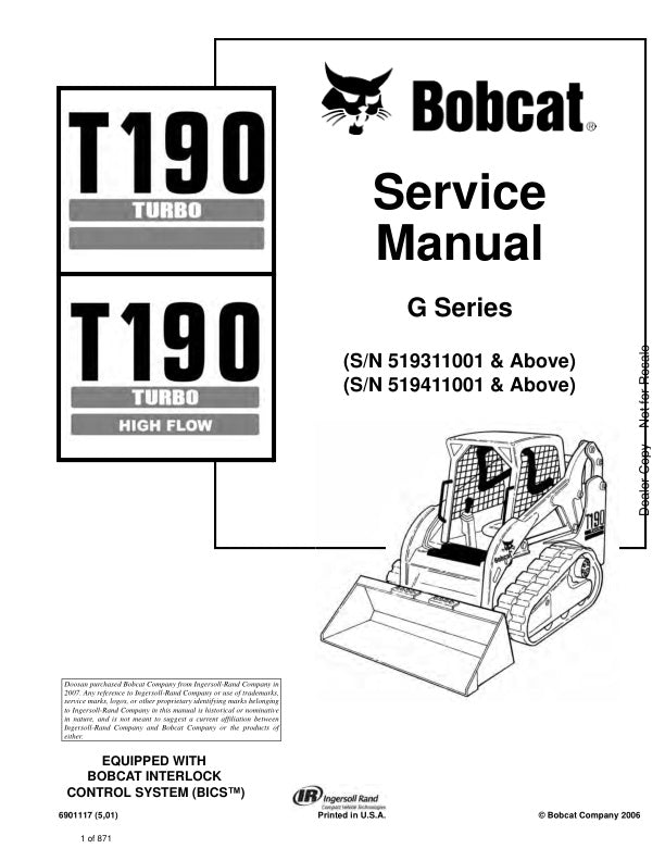 BOBCAT T190 519311001 519411001 & Up Service Information 6901117 PDF