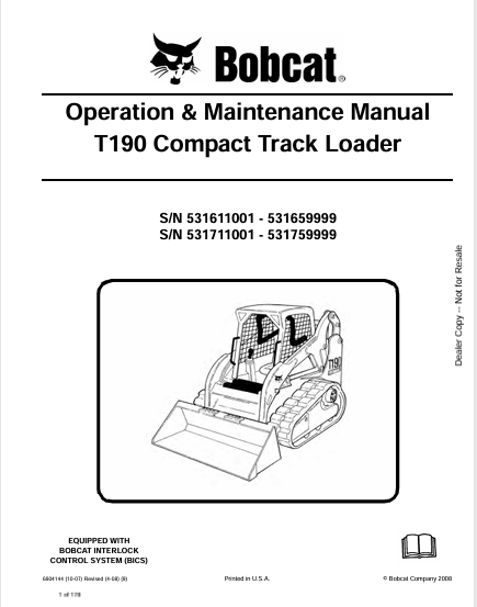 BOBCAT T190 COMPACT TRACK LOADER OPERATION & MAINTENANCE MANUAL (6904144) - PDF FILE