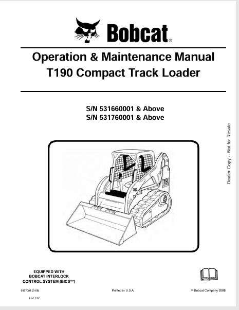 BOBCAT T190 COMPACT TRACK LOADER OPERATION & MAINTENANCE MANUAL (6987001) - PDF FILE