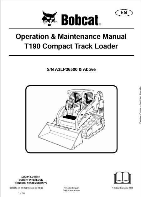 BOBCAT T190 COMPACT TRACK LOADER OPERATION & MAINTENANCE MANUAL (6989619) - PDF FILE