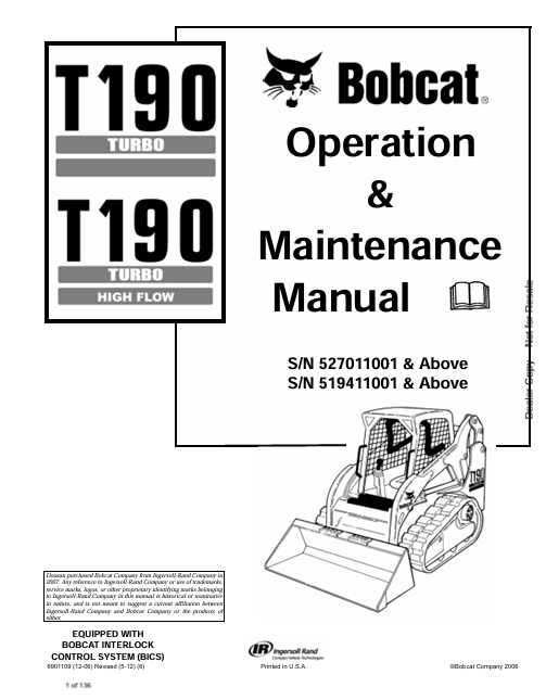 BOBCAT T190 TURBO, T190 TURBO HIGH FLOW OPERATION & MAINTENANCE MANUAL (6901109) - PDF FILE