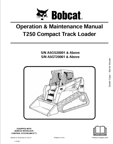 BOBCAT T250 COMPACT TRACK LOADER OPERATION & MAINTENANCE MANUAL (6987003) - PDF FILE