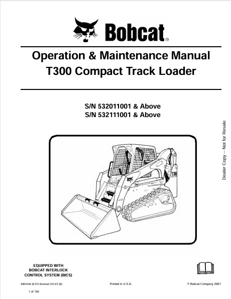 BOBCAT T300 COMPACT TRACK LOADER OPERATION & MAINTENANCE MANUAL (6904166) - PDF FILE