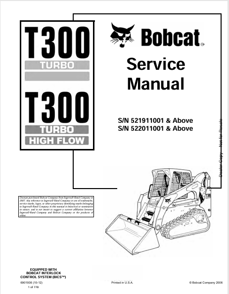BOBCAT T300 TURBO, T300 TURBO HIGH FLOW SERVICE MANUAL (6901936) - PDF FILE