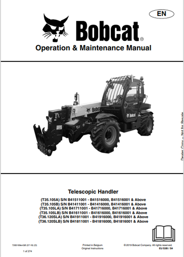 BOBCAT T35.105A, T35.105B, T35.105LA, T35.105LB, T36.120SLA, T36.120SLB TELESCOPIC HANDLER OPERATION & MAINTENANCE MANUAL (7283189) - PDF FILE