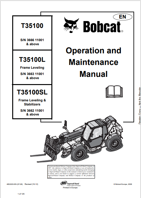 BOBCAT T35100, T35100L, T35100SL FRAME LEVELING OPERATION AND MAINTENANCE MANUAL (4852220) - PDF FILE