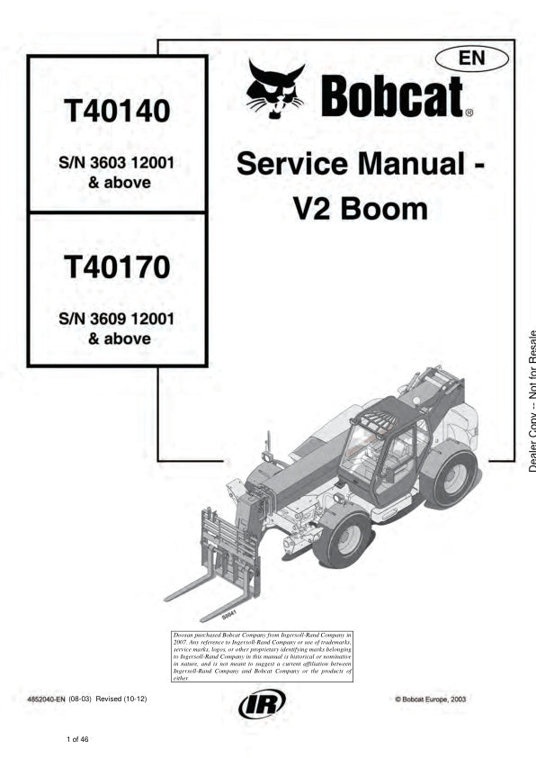 BOBCAT T40140, T40170 V2 BOOM SERVICE MANUAL 4852040 (10-12)