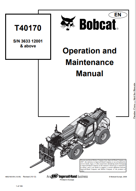 BOBCAT T40170 OPERATION AND MAINTENANCE MANUAL (4852190) - PDF FILE
