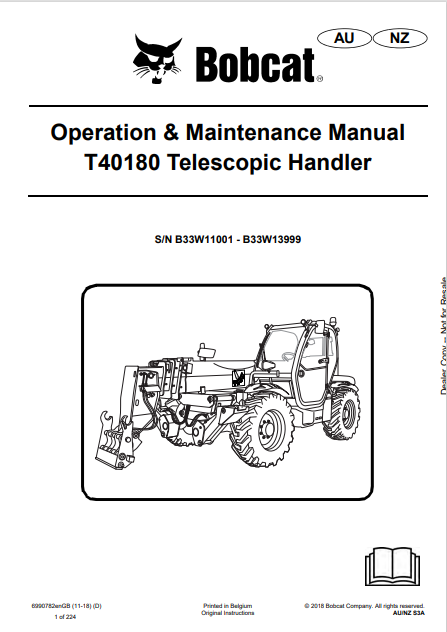 BOBCAT T40180 TELESCOPIC HANDLER OPERATION & MAINTENANCE MAMUAL (6990782) - PDF FILE
