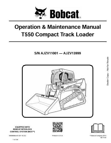 BOBCAT T550 COMPACT TRACK LOADER OPERATION & MAINTENANCE MANUAL (6990688) - PDF FILE