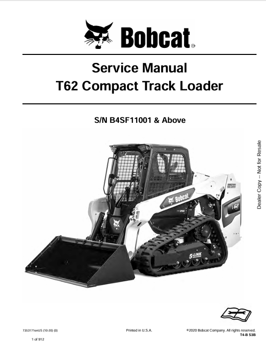 BOBCAT T62 COMPACT TRACT LOADER SERVICE MANUAL (7353171) - PDF FILE