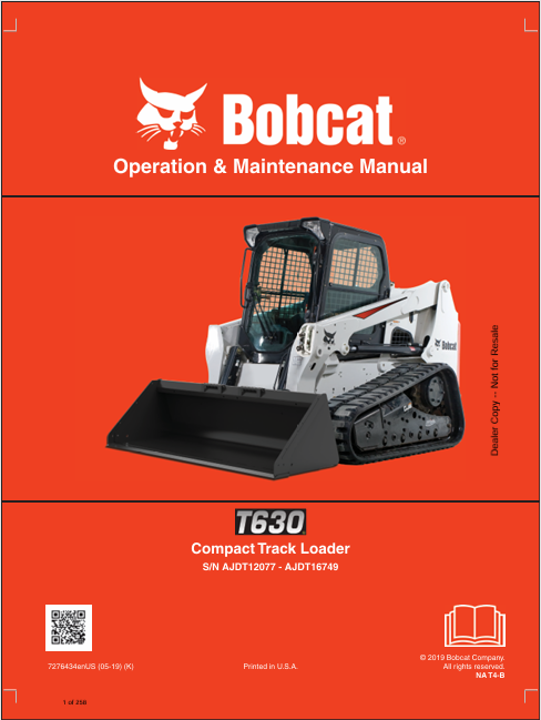 BOBCAT T630 COMPACT TRACK LOADER OPERATION & MAINTENANCE MANUAL (7276434) - PDF FILE