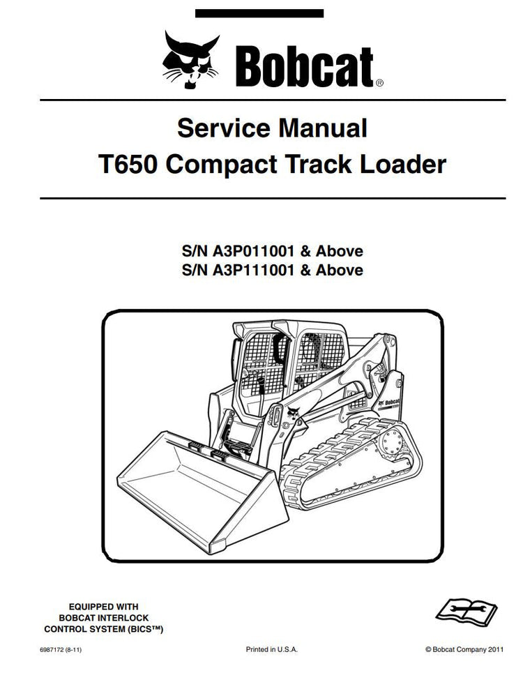BOBCAT T650 A3P011001 A3P111001 & UP COMPACT TRACK LOADER SERVICE MANUAL 6987172 - PDF FILE