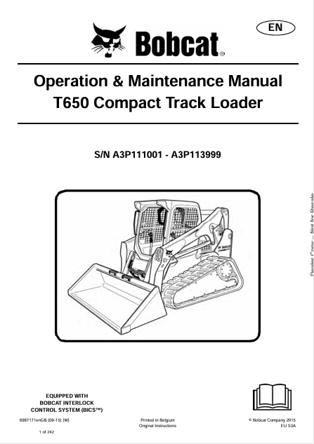 BOBCAT T650 COMPACT TRACK LOADER OPERATION & MAINTENANCE MANUAL (6987171) - PDF FILE