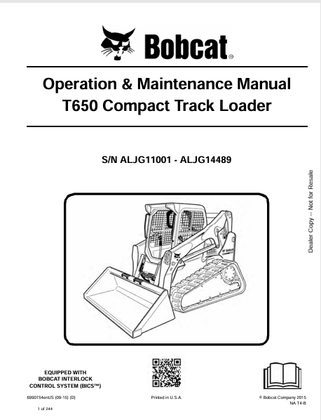 BOBCAT T650 COMPACT TRACK LOADER OPERATION & MAINTENANCE MANUAL (6990754) - PDF FILE