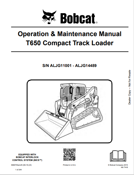 BOBCAT T650 COMPACT TRACK LOADER OPERATION & MAINTENANCE MANUAL (6990754) - PDF FILE