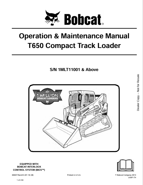BOBCAT T650 COMPACT TRACK LOADER OPERATION & MAINTENANCE MANUAL (6990776) - PDF FILE