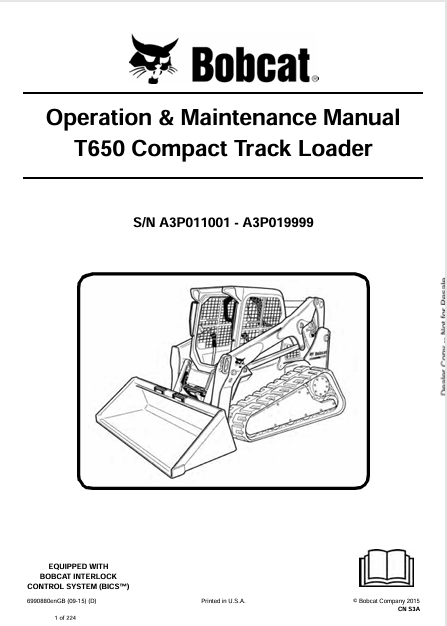 BOBCAT T650 COMPACT TRACK LOADER OPERATION & MAINTENANCE MANUAL (6990880) - PDF FILE
