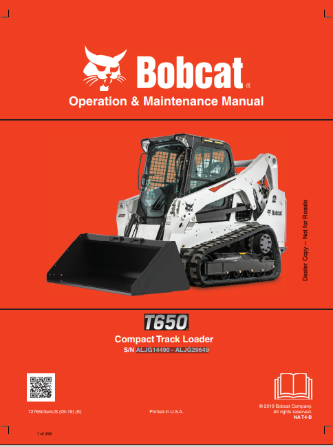 BOBCAT T650 COMPACT TRACK LOADER OPERATION & MAINTENANCE MANUAL (7276503) - PDF FILE