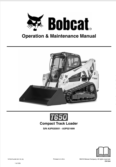 BOBCAT T650 COMPACT TRACK LOADER OPERATION & MAINTENANCE MANUAL (7276537) - PDF FILE