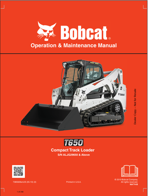 BOBCAT T650 COMPACT TRACK LOADER OPERATION & MAINTENANCE MANUAL (7385828) - PDF FILE