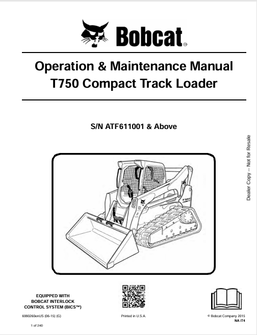 BOBCAT T750 COMPACT TRACK LOADER OPERATION & MAINTENANCE MANUAL (6990260) - PDF FILE