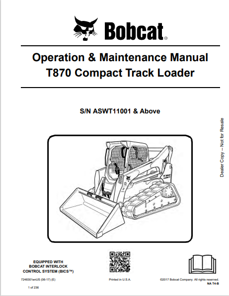 BOBCAT T870 COMPACT TRACK LOADER OPERATION & MAINTENANCE MANUAL (7248301) - PDF FILE