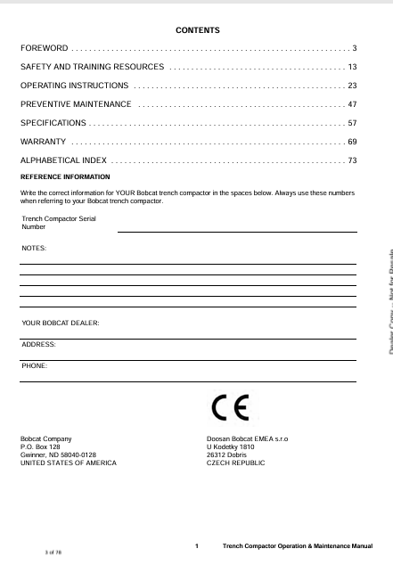 BOBCAT TC75 (6901048ENGB) OPERATION AND MAINTENANCE MANUAL PDF FILE